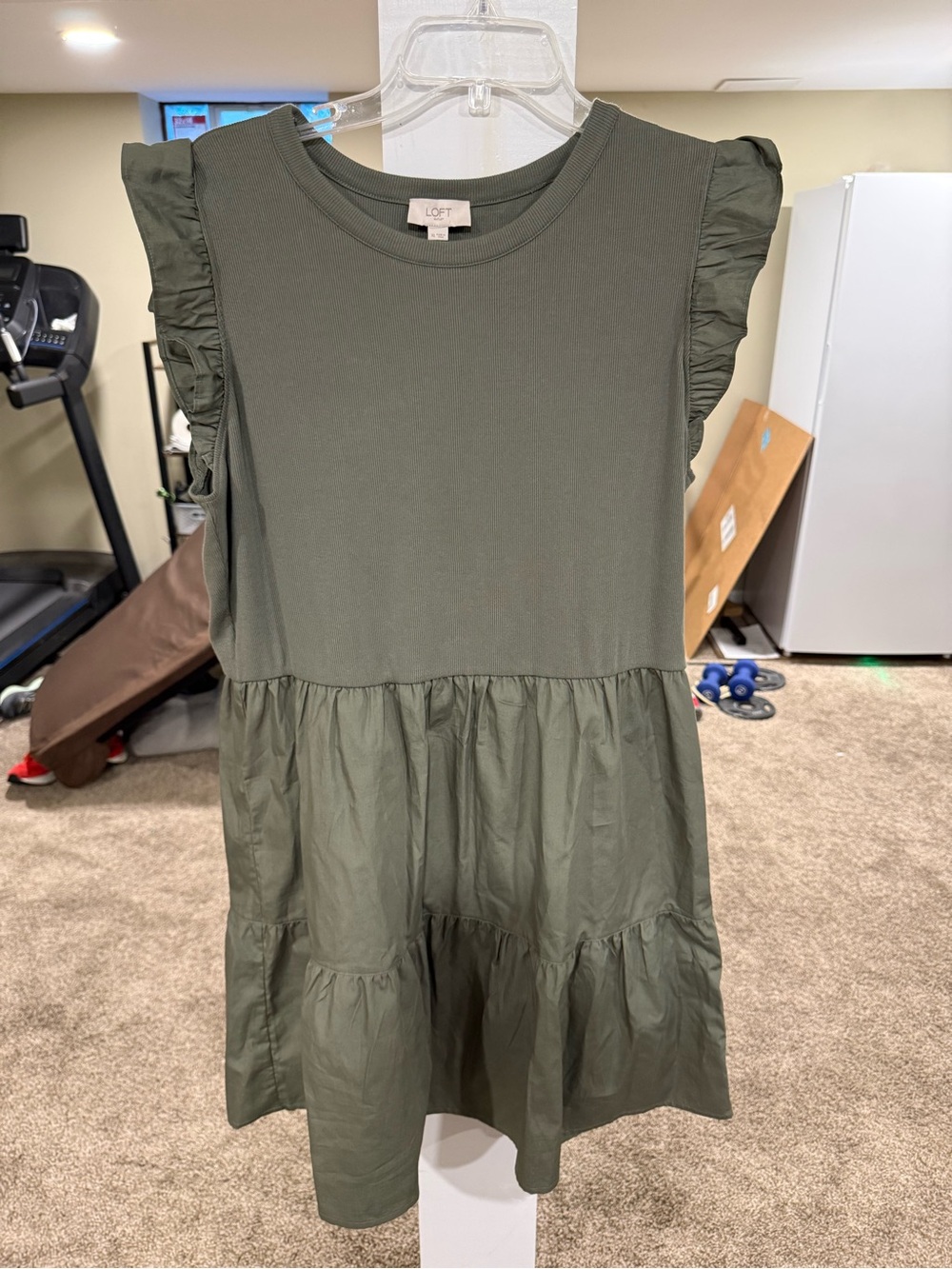 LOFT Olive Green Ruffle Sleeve Midi Dress